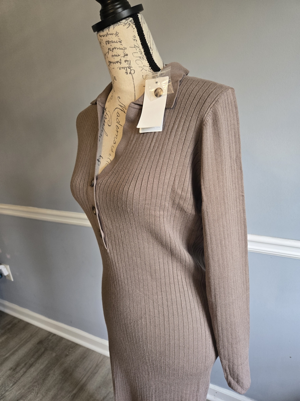Ribbed Long-Sleeve Henley Maxi Dress in Taupe - Picture 2 of 8